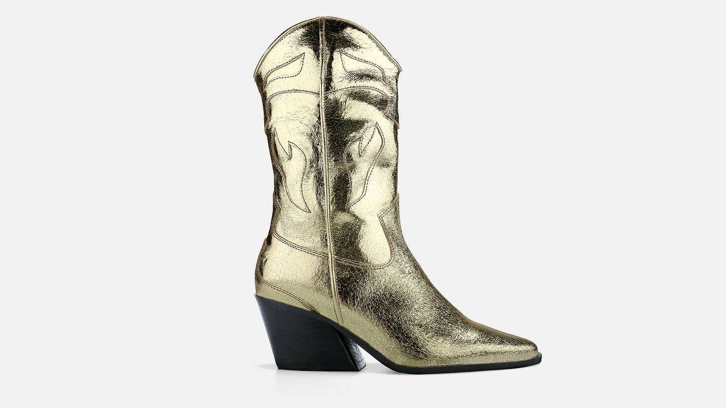 CARINA CALDEIRA X ESC High Leather Cowboy Boots - Gold