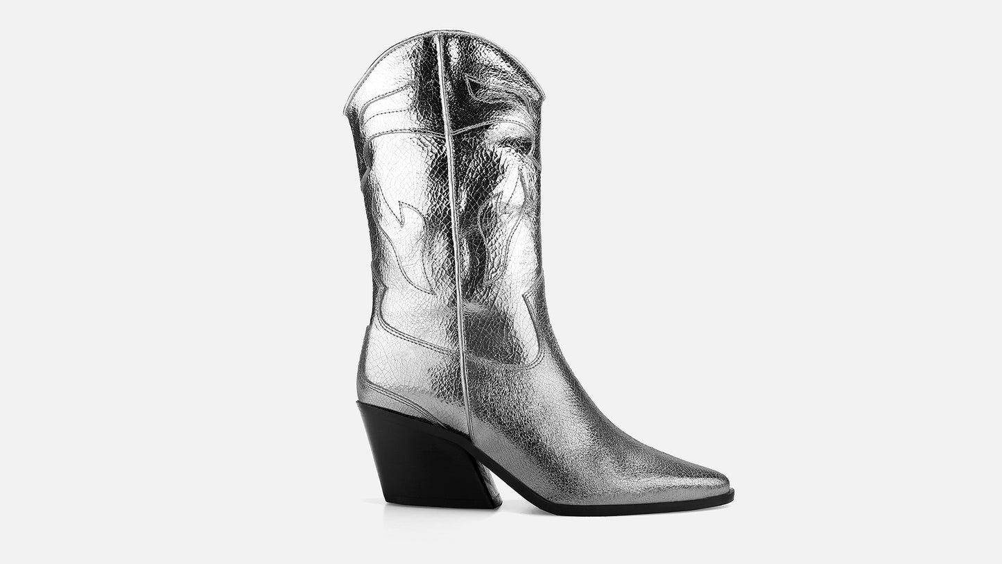 CARINA CALDEIRA X ESC High Leather Cowboy Boots - Silver